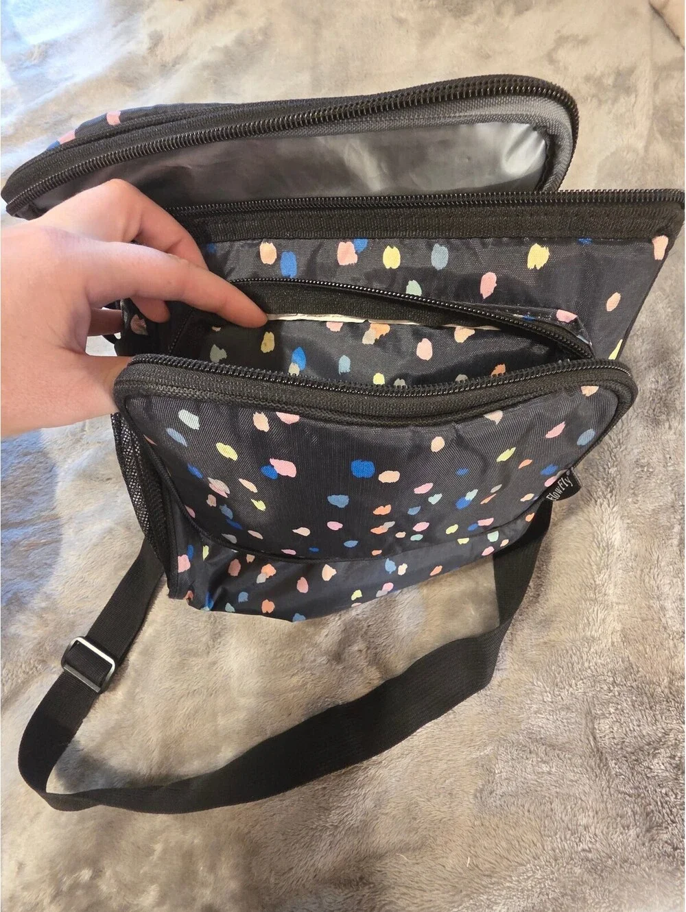 flofly black multicolor print lunch bag